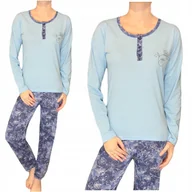 Piżamy damskie - Piżama damska z długim rękawem niebieski kwiat La Penna M - miniaturka - grafika 1