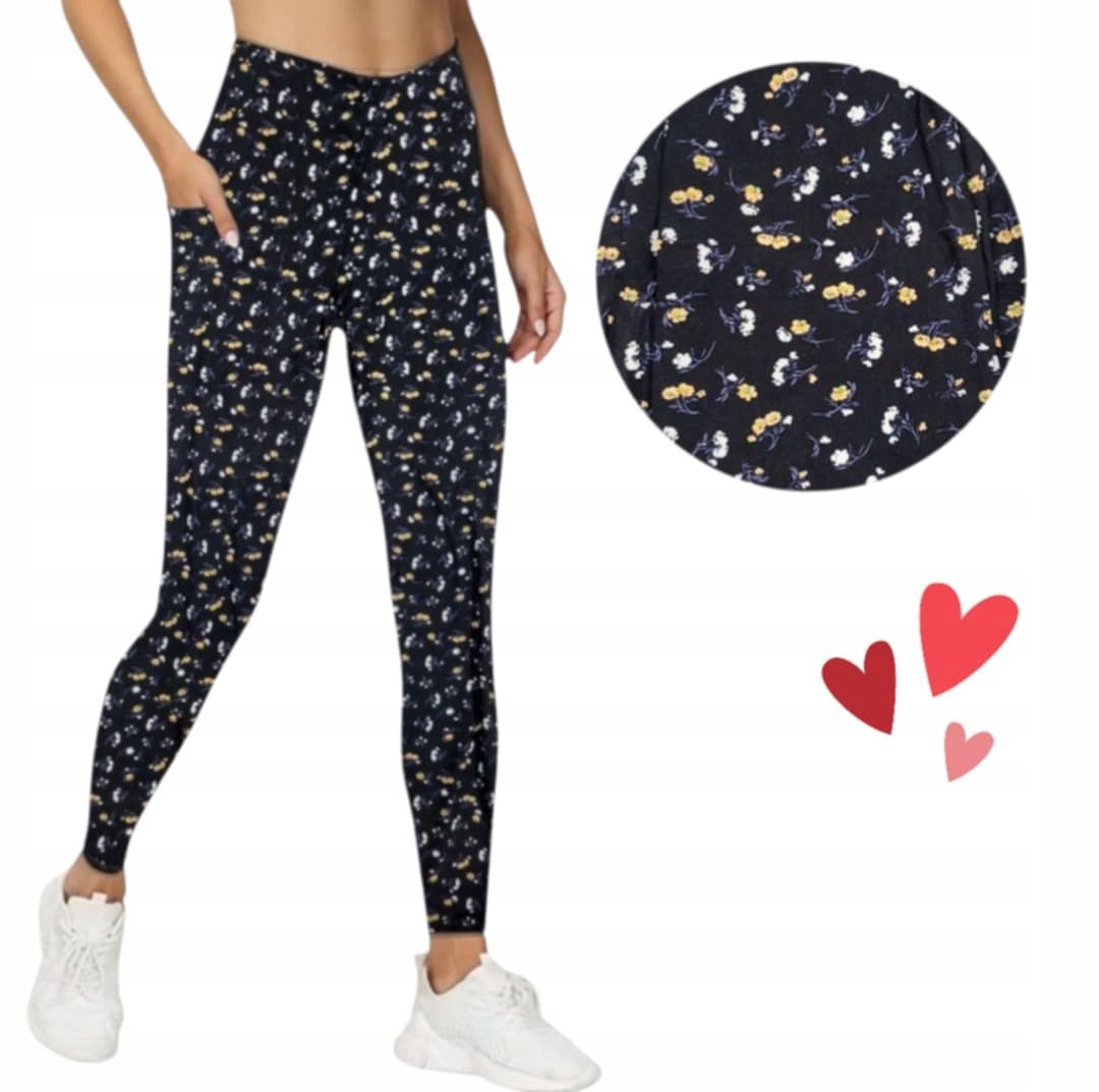 LEGINSY KIESZENIE ŻÓŁTE KWIATY elastyczne miękkie kryjące 48 50 4XL 5XL