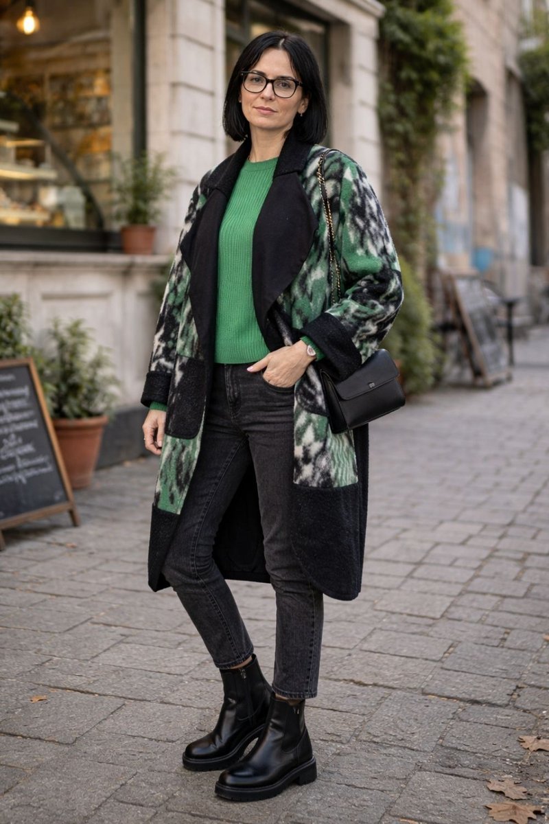 Płaszcz damski wełniany 80% WOOL włoski oversize zielony wzór Uni