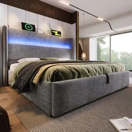Meble do sypialni - Łóżko z boxem pikowane 160x200 cm - z oświetleniem LED - z portami USB i Type-C - tkanina lniana - Szary (bez materaca) - miniaturka - grafika 1