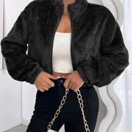 Kurtki damskie - TEMU Elegancka damska kurtka ze sztucznego - Zimowa kurtka na pełnym zamek błyskawiczny z obniżonymi ramionami, stójką, zapięciem na zamek - - miniaturka - grafika 1