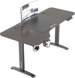 Biurko z regulacją wysokości Oxnard 160 x 75 cm Biurko elektryczne z funkcją pamięci Waga do 80 kg Biurko komputerowe z uchwytem na kubek Haczyk na słuchawki Aluminiowa rama Orzechowy wygląd - Biurka gamingowe - miniaturka - grafika 1