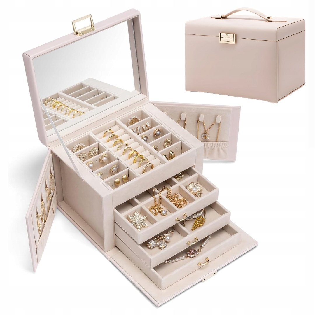 DUŻA SZKATUŁKA NA BIŻUTERIĘ ZE SKÓRY PU Z LUSTREM 4 POZIOMY ORGANIZER LEKKI