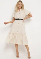 Sukienki - Beżowa Koszulowa Sukienka z Krótkim Rękawem Zapinana na Guziki z Paskiem z Ekoskóry Xantantia - miniaturka - grafika 1