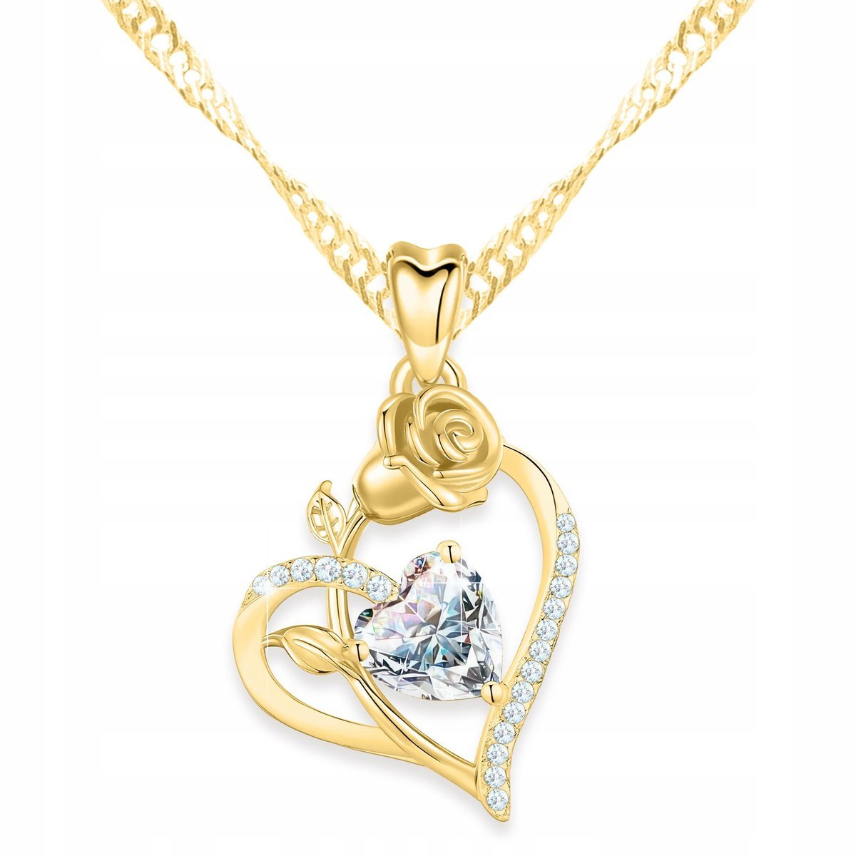 Złoty Naszyjnik Serce z Różą Białym Kryształowym Serduszkiem SREBRO 925