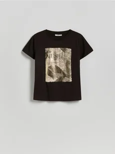 Reserved - T-shirt z nadrukiem - ciemnobrązowy - Koszulki i topy damskie - miniaturka - grafika 1