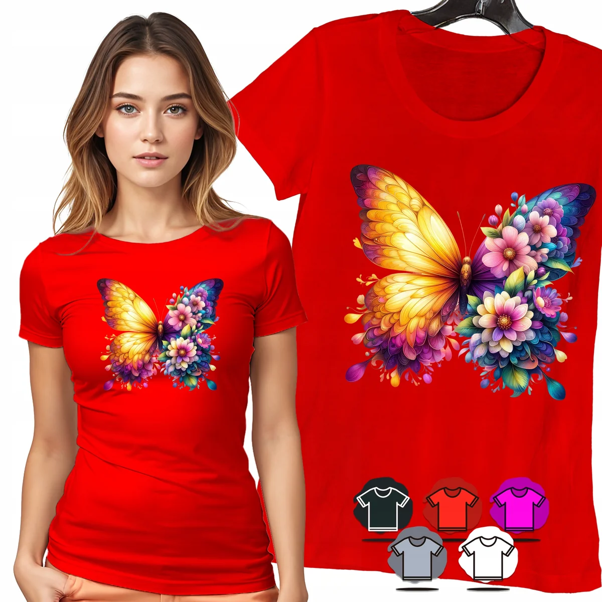 KOSZULKA DAMSKA T-SHIRT - MOTYL ŻÓŁTY KWIATY KOLOROWY WZÓR DLA NIEJ - XS