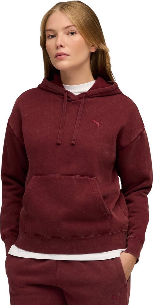 Puma Bluza damska z kapturem kangurka Puma ESS Elevated Relaxed Wash Hoodie bordowa 688103 96 XL