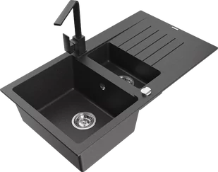 Mexen Matias zlewozmywak granitowy 1,5-komorowy z ociekaczem i baterią kuchenną Rita, czarny nakrapiany  - 6502-76-670300-76 - Zlewozmywaki z baterią - miniaturka - grafika 1