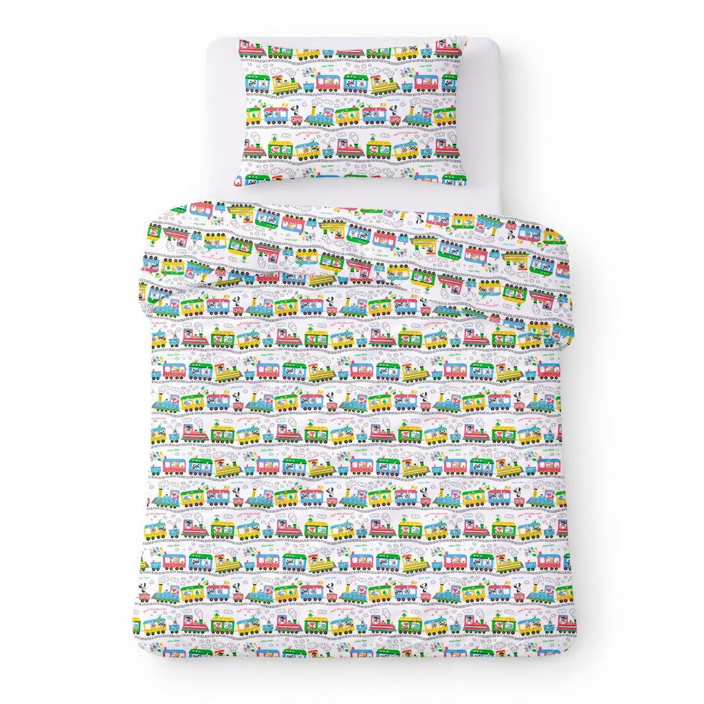 Pościel bawełniana 140x200 biała w kolorowe pociągi, dziecięcy nowoczesny - COTTON HOME KIDS