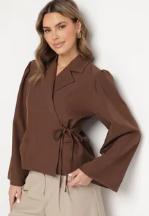 Brązowa Marynarka z Szerokimi Rękawami i Asymetrycznym Wiązaniem Sanessia - Marynarki i żakiety damskie - miniaturka - grafika 1