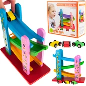 Zabawki zręcznościowe - Tor Samochodowy Zjeżdżalnia Drewniany + 3 Autka - miniaturka - grafika 1