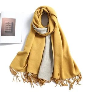 Szal szalik kaszmir 100% kaszmirowy żółty szary - Apaszki i szaliki damskie - miniaturka - grafika 1