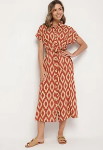 Pomarańczowa Wiskozowa Sukienka Koszulowa z Geometrycznym Wzorem Rallapea - Sukienki - miniaturka - grafika 1