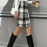 Spódnice - TEMU Elegancka Spódnica Ołówkowa w Kratę z Pełnym Zamkiem - Wysoka , Idealna do Biura i na Zimę - Spódnica Nieelastyczna, Nadająca się do Prania w - miniaturka - grafika 1