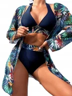Stroje kąpielowe - GRANATOWY STRÓJ KĄPIELOWY BIKINI KIMONO KWIATY TROPIKALNE WYSOKI STAN M - miniaturka - grafika 1