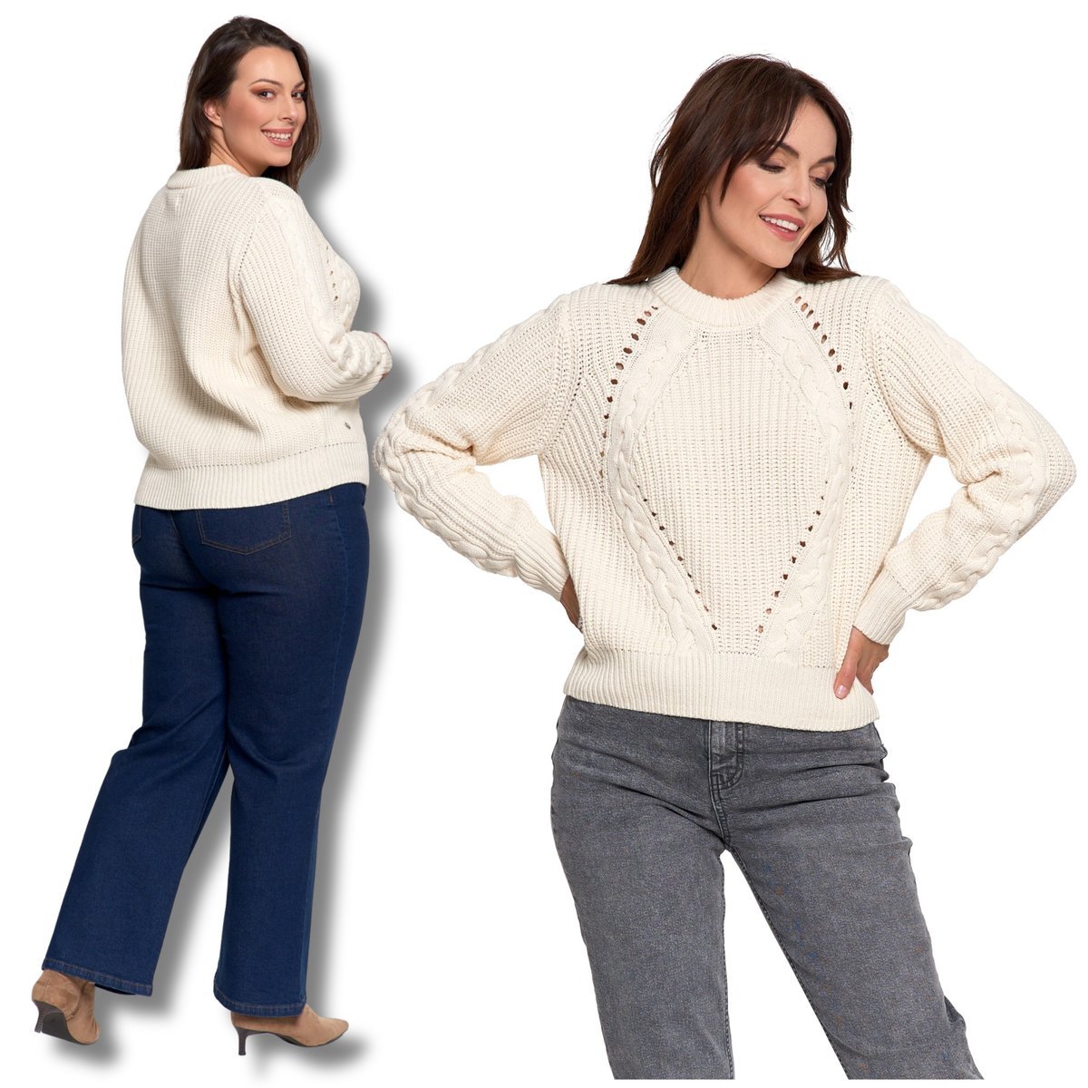 CIEPŁY SWETER DAMSKI WARKOCZOWY SPLOT ELEGANCKI KLASYCZNY MORAJ XXL/3XL