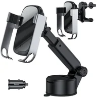 Ładowarki samochodowe - Baseus 5w1 elektrycznie zamykany uchwyt samochodowy bezprzewodowa ładowarka Qi 10 W + ładowarka samochodowa + 2 mocowania + kabel micro USB srebrny (WXHW01-B0S) - miniaturka - grafika 1