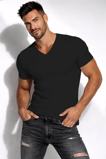 Koszulka Męska T-shirt W Serek Dopasowana Bawełniana Premium Slim Fit Xl