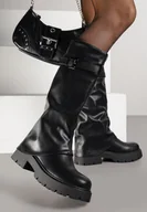 Kozaki damskie - Czarne Marszczone Kozaki VICES z Wywiniętą Cholewką z Klamerką Talles - miniaturka - grafika 1