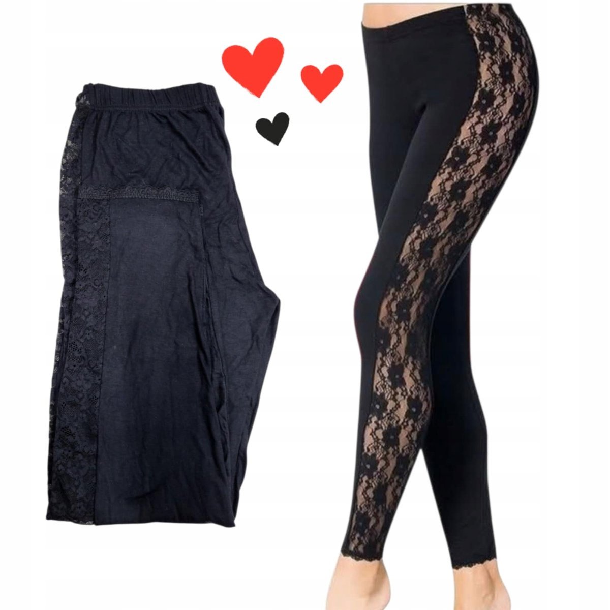 BAWEŁNIANE LEGINSY Z KORONKĄ 7/8 piękne czarne modne kobiece 40 42 L XL