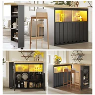 Stoły - Rozkładany stół barowy z 4 drzwiami i półkami - 135-205 x 39 x 100 cm - MDF i metal - diody LED - do kuchni, jadalni - czarny - miniaturka - grafika 1