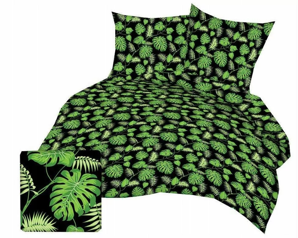 Pościel z kory 160x200 czarna liście zielone gałązki palmy na guziki bawełna