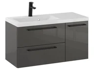 Szafki łazienkowe - Szafka Wisząca Z Umywalką RON 90 cm D Lewa - Titan Wysoki Połysk - Uchwyty Czarne Matowe - miniaturka - grafika 1