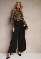 Spodnie damskie - Czarne Eleganckie Szerokie Spodnie Garniturowe z Wiskozą Ozdobione Paskiem Ravinae - miniaturka - grafika 1