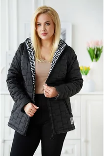 Kurtki damskie - Czarna pikowana kurtka wiosenna w kropki z białym wzorem i kapturem - Bridget - XL-ka - grafika 1