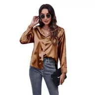 Koszule damskie - Clotth Damska koszula z długim rękawem z satynowego jedwabiu Button Down Shirt, Brown-XL, XL - miniaturka - grafika 1