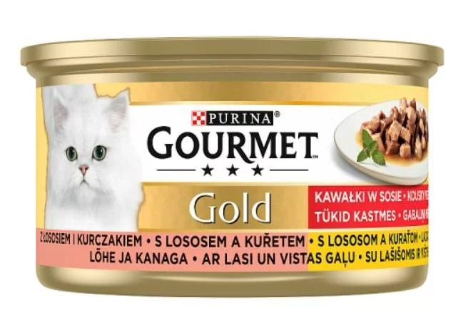 Purina Gourmet Gold kawałki w sosie mokra karma dla kota z łosiosiem i kurczakiem 85g