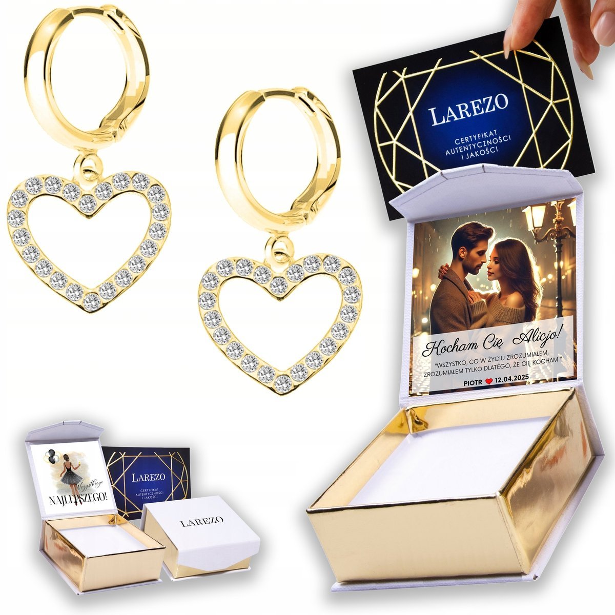 Złote Kolczyki 925 Serca Serduszka z Cyrkoniami Kryształkami Heart NADRUK