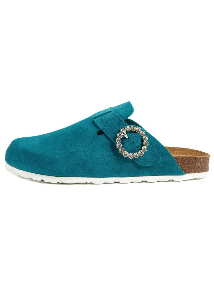 billowy Skórzane chodaki w kolorze turkusowym