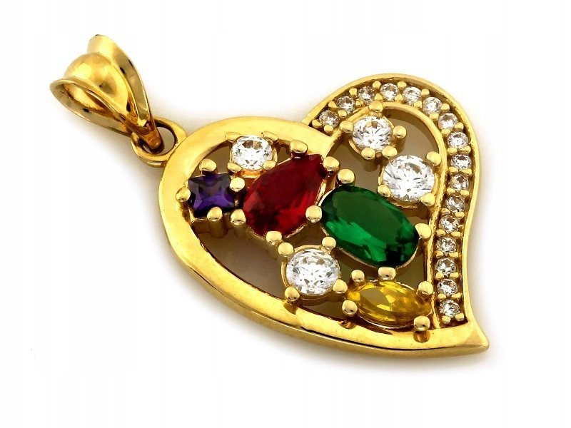 Złota przywieszka 585 serce z kolorowymi kamieniam