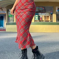 Spódnice - TEMU Elegancka Spódnica A-Line z Falbanką dla Kobiet - Krótka w Kratę z Falbanką, Pranie w Praniu Maszynowym, Wiosenno-Letnia Półprzezroczysta - miniaturka - grafika 1