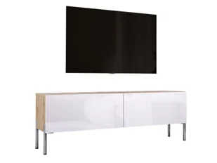 Szafka pod telewizor w kolorze dąb Wotan / biały wysoki połysk z chromowanymi nogami, A: szer: 140 cm cm, wys: 52 cm, gł: 32 cm. Meble pod telewizor, stolik pod telewizor, ława pod telewizor - Szafki RTV - miniaturka - grafika 1