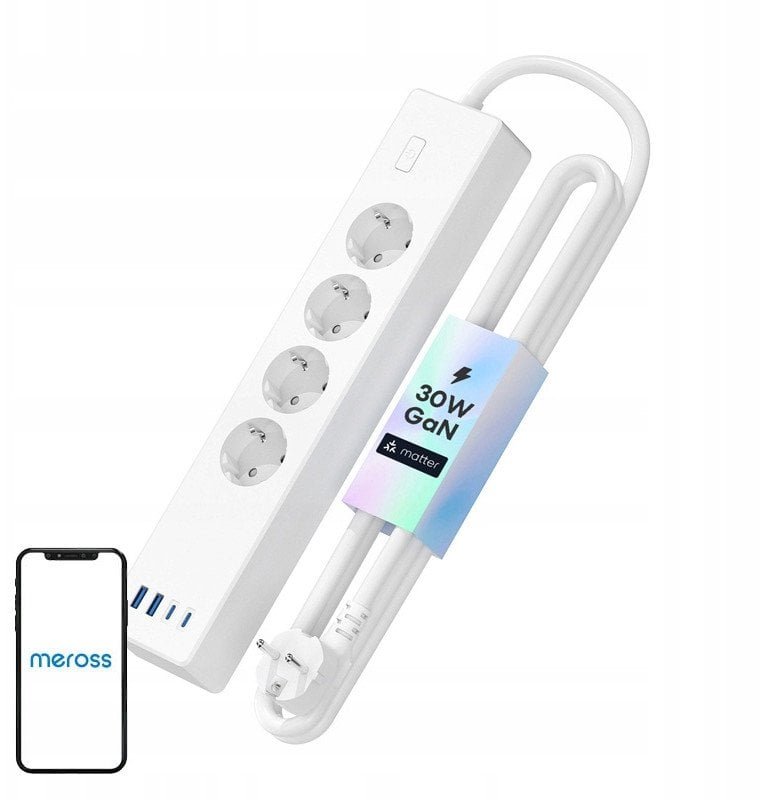 Energenie Inteligentna szybko ładująca listwa zasilająca Meross MSP844EU, 4 gniazdka + 2x USB-A + 2x USB-C Matter 55285-0