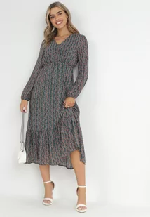 Ciemnozielona Sukienka z Trójkątnym Dekoltem i Gumką w Pasie Hutyz - Sukienki - miniaturka - grafika 1