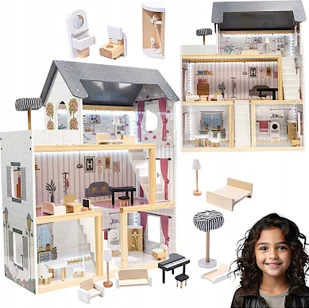 Drewniany domek dla lalek 3 piętra + światło led + taras + meble - Domki dla lalek - miniaturka - grafika 1