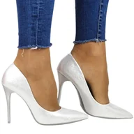 Czółenka - DAMSKIE SZPILKI WYSOKIE CZÓŁENKA COMER AH68 SILVER SREBRNE - miniaturka - grafika 1