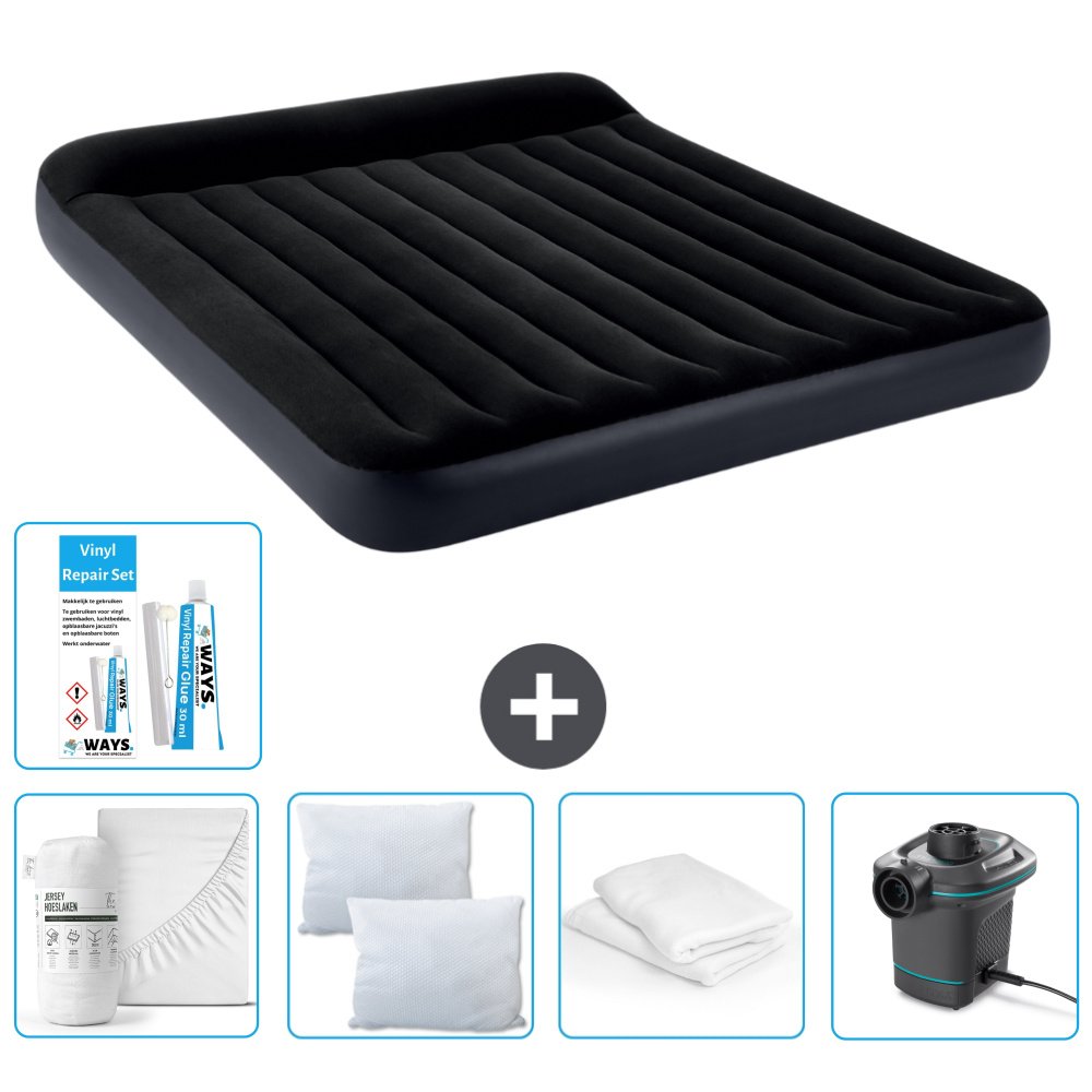 Łóżko powietrzne Intex - 2 osoby - 183 x 203 x 25 cm - Ciemnoniebieski - W zestawie prześcieradło - Pocałunek - Pompka - Zestaw naprawczy en Ochraniacz na poduszkę