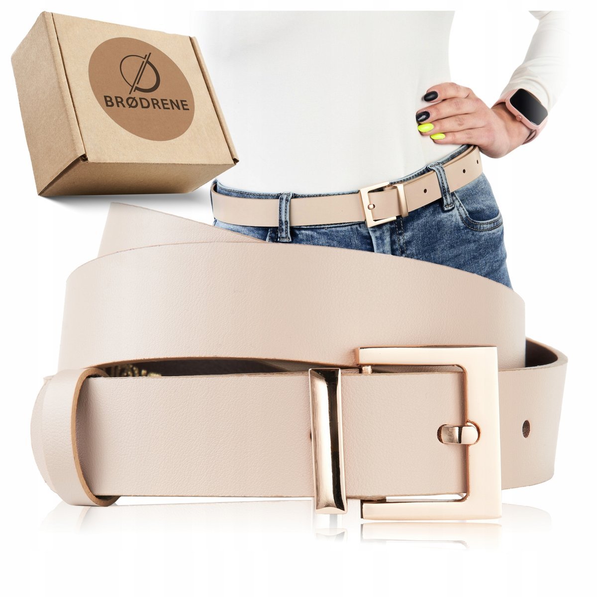 Pasek Skórzany Damski ze Złotą Klamerką do Spodni Beżowy Brodrene 115cm