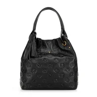 Torebki damskie - Damska torebka typu worek ze skóry sygnowana w monogram czarno - złota - miniaturka - grafika 1