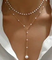 Naszyjniki - Warstwowy Naszyjnik Krawatka z Perełkami - Złoty N-44 - miniaturka - grafika 1