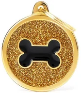 Odblaski i adresówki - Zawieszka Adresówka Identyfikator z grawerem dla psa i kota kółko z kością złote brokat - miniaturka - grafika 1