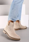 Botki damskie - Beżowe Ażurowe Botki na Płaskiej Podeszwie ze Skórzaną Wkładką Terilara - miniaturka - grafika 1
