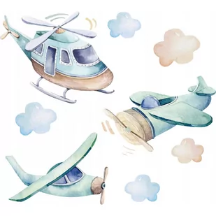 Zestaw NAKLEJEK na ścianę SAMOLOTY do pokoju dziecięcego CHMURKI helikopter nalepki ścienne dziecko na ścianę pastelowe - Tapety - miniaturka - grafika 1