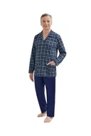 Piżamy damskie - PIŻAMA MĘSKA XL DŁUGI RĘKAW SPODNIE ROZPINANA ELEGANCKA BAWEŁNIANA GRANATOWA W KRATKĘ 2 - miniaturka - grafika 1