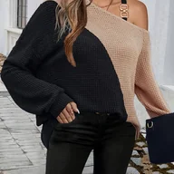 Bluzki damskie - TEMU Jesienna Casualowa Bluzka z Odkrytymi Ramionami w Kolorowe Bloki – Damski Top - miniaturka - grafika 1